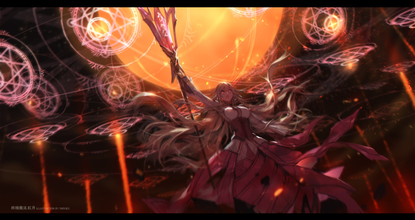 1girl absurdres artist_name bangs blonde_hair breasts casting_spell clouds corset dark_sky dress earrings eiyuu_densetsu falcom fire floating_hair glowing glowing_eyes hair_between_eyes highres holding holding_staff jewelry layered_dress letterboxed long_hair long_sleeves magic_circle medium_breasts open_mouth outdoors red_eyes roselia_millstein_(sen_no_kiseki) sen_no_kiseki sen_no_kiseki_4 sidelocks solo staff swd3e2 swept_bangs very_long_hair wind wind_lift