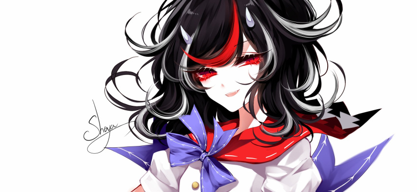 1girl :d artist_name bangs black_hair blue_bow bow breasts commentary dress eyebrows_visible_through_hair eyelashes fangs highres horns kijin_seija long_hair looking_at_viewer multicolored_hair open_mouth puffy_short_sleeves puffy_sleeves red_eyes red_sailor_collar redhead ribbon_trim sailor_collar sheya short_sleeves signature simple_background small_breasts smile solo streaked_hair swept_bangs touhou upper_body wavy_hair white_background white_dress white_hair