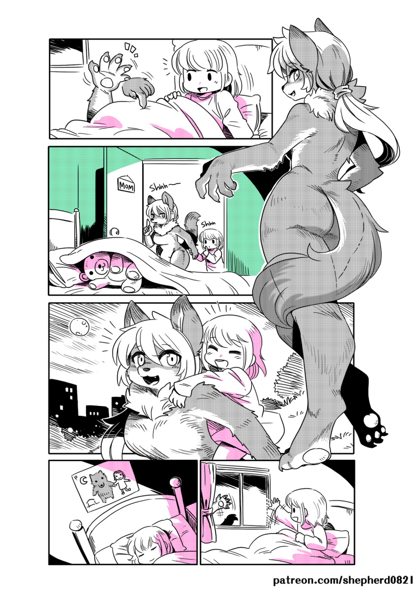 2girls animal_ears ass bed blanket blush carrying child_drawing closed_eyes comic facing_another furry highres long_hair looking_at_another monster_girl moon mother_and_daughter multiple_girls night open_mouth original patreon_username piggyback pillow ponytail shepherd0821 short_hair sleeping smile stuffed_animal stuffed_toy tail teddy_bear watermark waving web_address werewolf window wolf_ears wolf_tail
