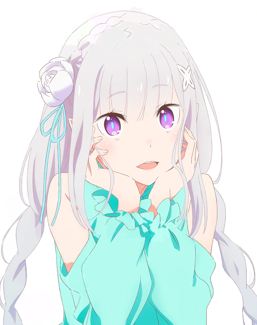 1girl absurdres blush emilia_(re:zero) eyebrows_visible_through_hair flower green_ribbon grey_hair hair_between_eyes hair_flower hair_ornament hair_ribbon highres long_hair looking_at_viewer open_mouth re:zero_kara_hajimeru_isekai_seikatsu ribbon smile solo