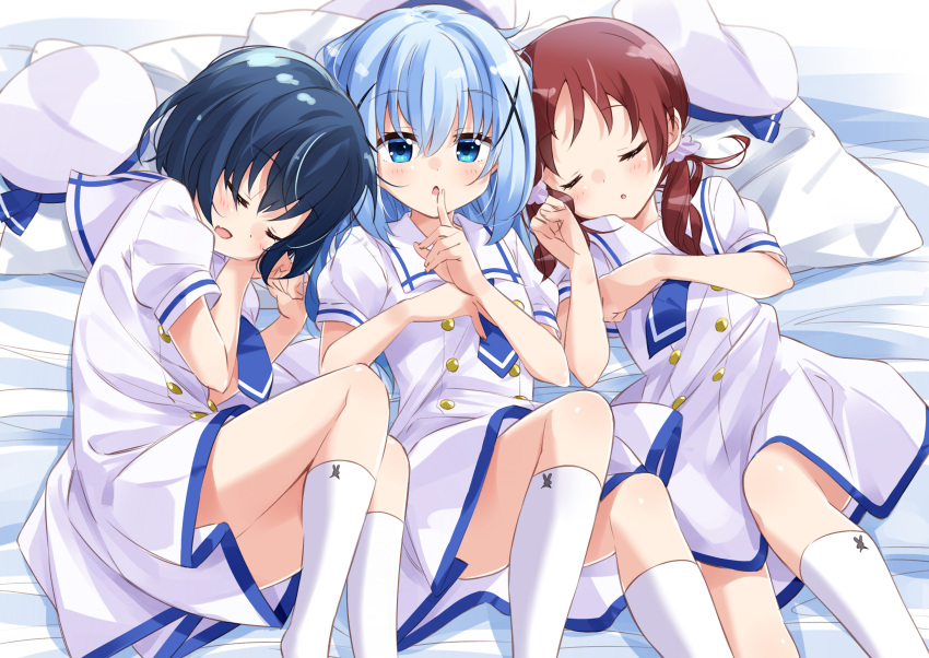 3girls :d bangs bed_sheet beret black_hair blue_eyes blue_hair blue_neckwear brown_hair chimame-tai closed_eyes commentary_request dress eyebrows_visible_through_hair fang feet_out_of_frame finger_to_mouth fingernails gochuumon_wa_usagi_desu_ka? hair_between_eyes hair_ornament hat hat_removed headwear_removed highres jouga_maya kafuu_chino kafuu_chino's_school_uniform kneehighs long_hair low_twintails lying mousou_(mousou_temporary) multiple_girls natsu_megumi necktie on_back on_side open_mouth parted_lips pillow puffy_short_sleeves puffy_sleeves sailor_collar sailor_dress school_uniform short_necktie short_sleeves shushing sidelocks sleeping smile twintails white_hat white_legwear white_sailor_collar x_hair_ornament yuri