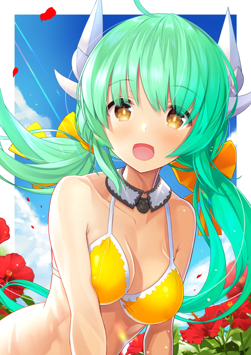 1girl :d ahoge alternate_hairstyle atori bangs bare_shoulders bikini blue_sky blush bow breasts brown_eyes cleavage clouds collarbone commentary_request day dragon_horns eyebrows_visible_through_hair fate/grand_order fate_(series) flower green_hair hair_between_eyes hair_bow highres horns kiyohime_(fate/grand_order) long_hair looking_at_viewer low_twintails medium_breasts open_mouth red_flower sky smile solo swimsuit twintails very_long_hair yellow_bikini yellow_bow