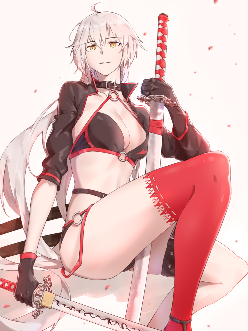 1girl absurdres ahoge bikini black_bikini black_choker black_gloves black_jacket choker commentary cropped_jacket fate/grand_order fate_(series) gloves hair_between_eyes highres jacket jeanne_d'arc_(alter_swimsuit_berserker) jeanne_d'arc_(fate)_(all) katana long_hair o-ring o-ring_bikini o-ring_bottom o-ring_top pink_background red_legwear shrug_(clothing) silver_hair single_thighhigh solo swimsuit sword thigh-highs uma_no_oke waist weapon yellow_eyes