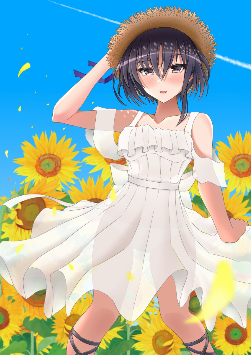 1girl absurdres alternate_costume asymmetrical_hair black_hair blue_sky breasts brown_eyes clouds collarbone commentary cowboy_shot day dress eyebrows_visible_through_hair flower hair_between_eyes hand_on_headwear hat highres i-13_(kancolle) kantai_collection open_mouth otobi outdoors panties see-through short_hair sky small_breasts smile solo straw_hat sun_hat sundress sunflower underwear white_dress white_panties