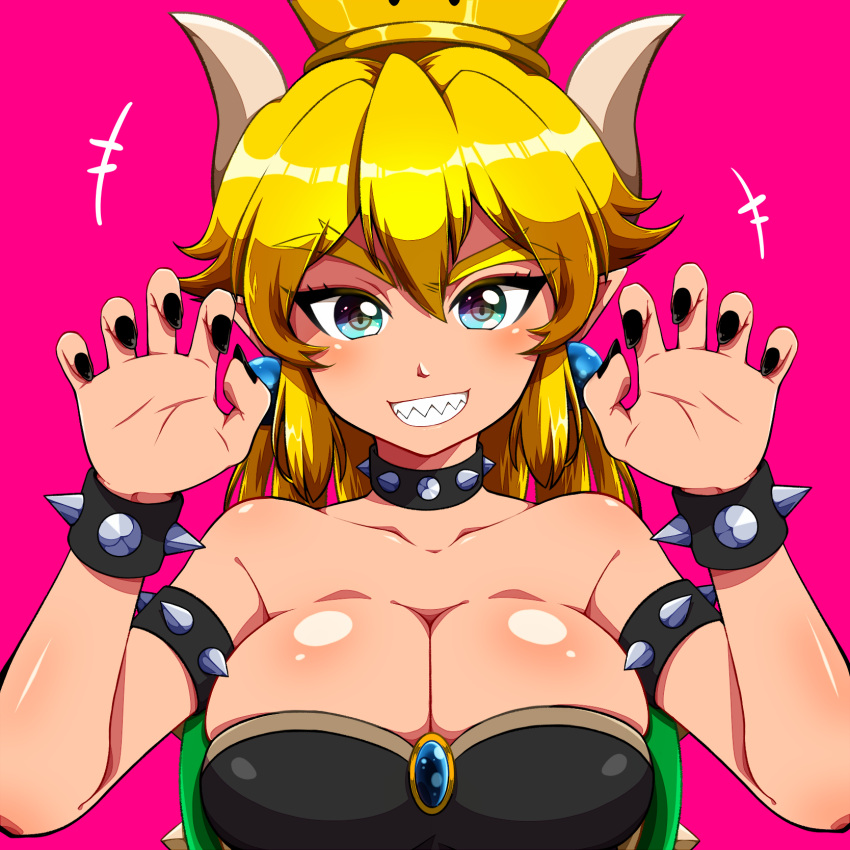 1girl bare_shoulders black_nails blonde_hair blue_earrings blue_eyes blue_plan bowsette bracelet breasts cleavage clenched_teeth collar collarbone commentary_request earrings eyebrows eyebrows_visible_through_hair highres horns jewelry large_breasts looking_at_viewer super_mario_bros. nail_polish new_super_mario_bros._u_deluxe nintendo pink_background ponytail sharp_teeth short_hair simple_background smile solo spiked_armlet spiked_bracelet spiked_collar spikes super_crown teeth
