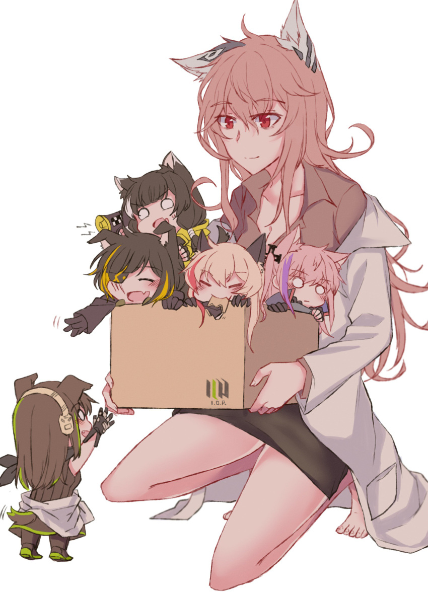 6+girls absurdres animal_ears anti-rain_(girls_frontline) barefoot box cat_ears chibi closed_eyes dog dog_ears dog_tail eyepatch girls_frontline headphones highres labcoat m16a1_(girls_frontline) m4_sopmod_ii_(girls_frontline) m4a1_(girls_frontline) messy_hair multiple_girls o_o persica_(girls_frontline) pink_hair puppy red_eyes ro635_(girls_frontline) scar scar_across_eye st_ar-15_(girls_frontline) tail tail_wagging yuutama2804