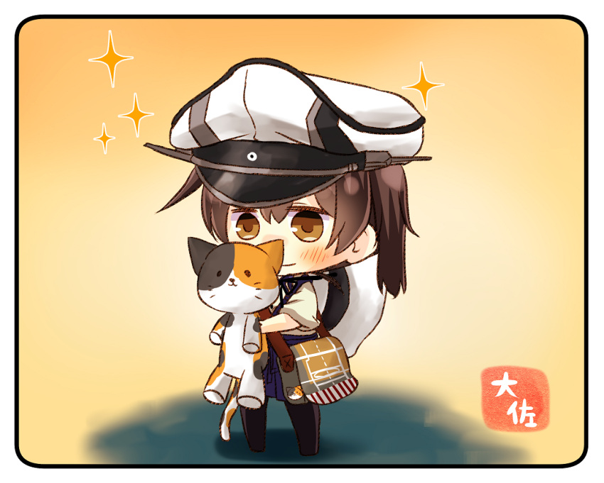 1girl artist_name black_legwear blue_hakama blue_skirt brown_eyes brown_hair cat cosplay flight_deck full_body gradient gradient_background graf_zeppelin_(kantai_collection) graf_zeppelin_(kantai_collection)_(cosplay) hakama hakama_skirt hat japanese_clothes kaga_(kantai_collection) kantai_collection long_hair peaked_cap side_ponytail skirt sparkle stuffed_animal stuffed_toy taisa_(kari) tasuki white_hat yellow_background