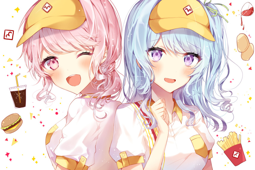 2girls :d ;d alternate_hairstyle bang_dream! blue_hair blush breast_pocket clenched_hand collared_shirt cup eyebrows_visible_through_hair food french_fries green_ribbon hair_ribbon hamburger hand_up highres long_hair looking_at_viewer looking_back maruyama_aya matsubara_kanon multiple_girls one_eye_closed one_side_up open_mouth pink_eyes pink_hair pocket ponytail ribbon shirt short_sleeves sidelocks smile taya_5323203 upper_body violet_eyes visor_cap waitress