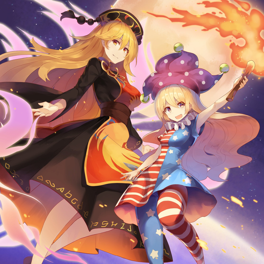 2girls :d american_flag_dress american_flag_legwear arm_up armpits aura bangs bare_arms black_dress black_sash blonde_hair blue_dress blue_legwear breasts clownpiece commentary_request dress earth embers eyebrows_visible_through_hair feet_out_of_frame floating full_moon hair_between_eyes hat head_tilt headdress highres holding holding_torch jester_cap junko_(touhou) large_breasts long_hair long_sleeves looking_at_viewer medium_breasts moon multiple_girls neck_ribbon neck_ruff open_mouth orange_eyes pantyhose polka_dot_hat purple_hat red_dress red_legwear ribbon rin_falcon sash short_dress short_sleeves smile space star star_(sky) star_print striped striped_dress striped_legwear tabard tassel torch touhou very_long_hair violet_eyes wavy_hair white_dress white_legwear wide_sleeves yellow_neckwear yellow_ribbon