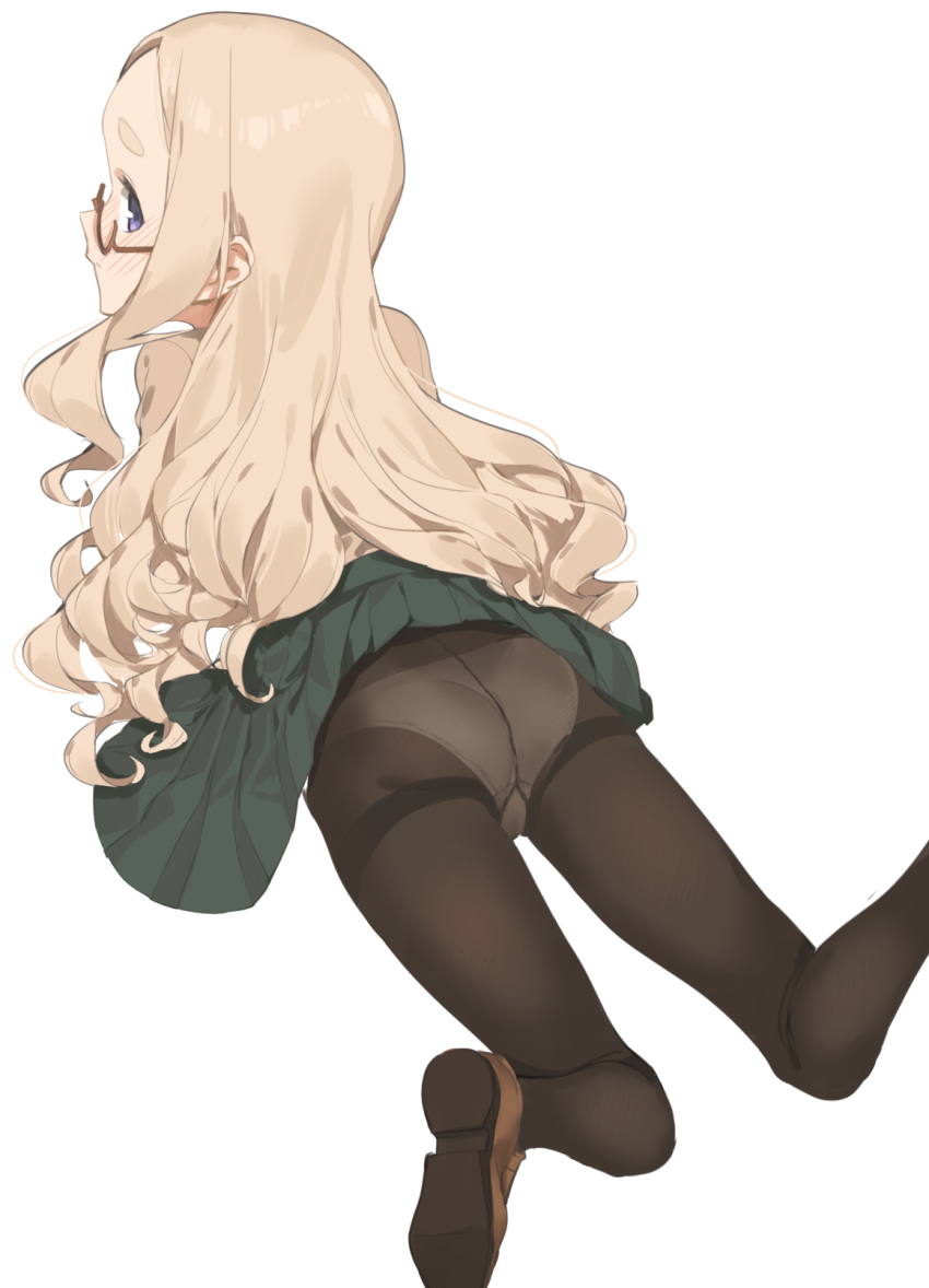 1girl 2l_(2lsize) ass black_legwear blonde_hair blush closed_mouth forehead from_behind glasses green_skirt gusset highres loafers long_hair looking_back lying nose_blush on_stomach original panties panties_under_pantyhose pantyhose pleated_skirt school_uniform semi-rimless_eyewear shoes simple_background skirt solo tareme thick_eyebrows thighband_pantyhose thighs under-rim_eyewear underwear violet_eyes wavy_hair white_background