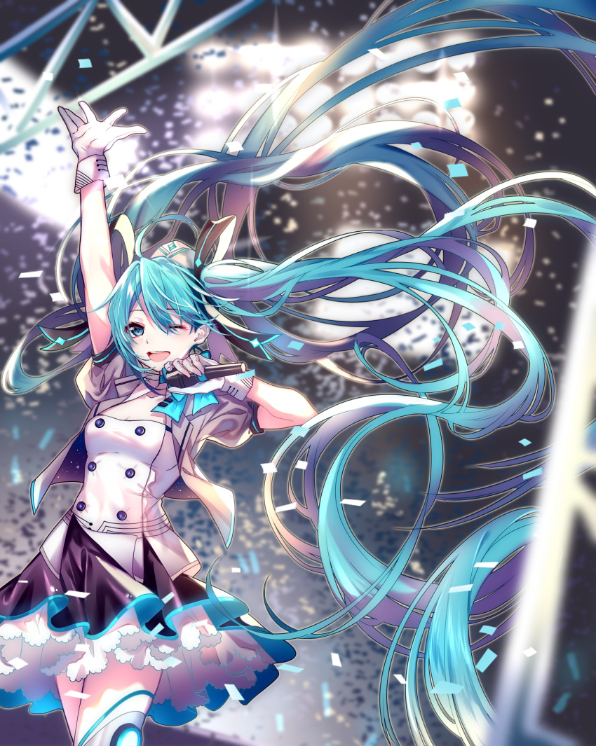 1girl ;d absurdly_long_hair ahoge akira_(ying) alternate_costume aqua_bow aqua_choker aqua_eyes aqua_hair arm_up asymmetrical_bangs backlighting bangs black_ribbon black_skirt blush bow breasts cleavage commentary_request cowboy_shot eyebrows_visible_through_hair gloves grey_jacket hair_ribbon hatsune_miku highres holding holding_microphone jacket lens_flare long_hair medium_breasts microphone music one_eye_closed open_clothes open_jacket open_mouth petticoat puffy_short_sleeves puffy_sleeves ribbon round_teeth shiny shiny_hair short_sleeves singing skirt smile solo spread_fingers stage stage_lights teeth thigh-highs upper_teeth very_long_hair vocaloid white_gloves white_legwear