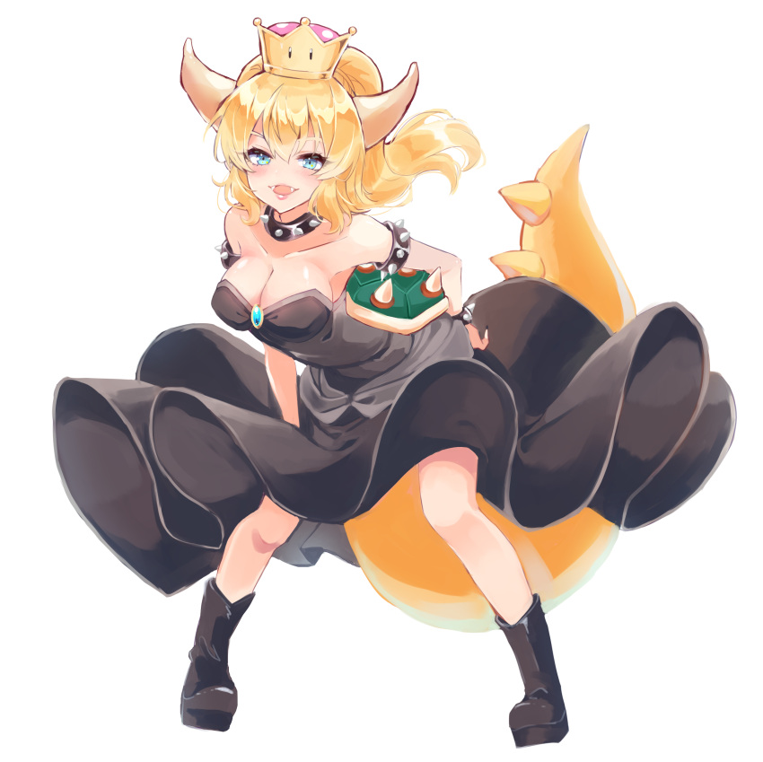 1girl :d absurdres armlet bangs bare_shoulders bent_over black_collar black_dress black_footwear blonde_hair blue_eyes blush boots bowsette bracelet breasts brooch cleavage collar collarbone crown dress eyebrows_visible_through_hair fangs full_body genderswap genderswap_(mtf) hair_between_eyes highres horns jewelry legs_apart long_hair super_mario_bros. medium_breasts mugi_(user_khzh5853) new_super_mario_bros._u_deluxe nintendo open_mouth pigeon-toed ponytail simple_background smile solo spiked_armlet spiked_bracelet spiked_collar spikes standing strapless strapless_dress super_crown super_mario_bros. tail turtle_shell white_background