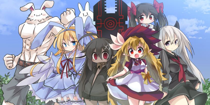 5girls :3 :d ahoge animal animal_ears apron bangs bell bell_collar belt_buckle black_hair black_jacket black_sailor_collar black_serafuku black_shirt black_skirt blonde_hair blue_bow blue_dress blue_eyes blue_hairband blue_sky blush borrowed_character bow broom brown_belt buckle character_request closed_mouth clouds collar collared_shirt commentary_request day dress eyebrows_visible_through_hair fake_animal_ears fang frilled_legwear grey_shorts hair_between_eyes hair_bow hair_ornament hairband hood hood_down hooded_jacket horns jacket jingle_bell long_hair multiple_girls necktie open_mouth original outdoors pleated_dress pointy_ears puffy_short_sleeves puffy_sleeves purple_hair rabbit rabbit_ears red_bow red_dress red_eyes red_neckwear red_ribbon ribbon ryogo sailor_collar school_uniform serafuku shirt shirtless short_sleeves shorts silver_hair skirt sky smile thigh-highs very_long_hair white_apron white_legwear white_shirt x_hair_ornament yellow_bow yste |_|