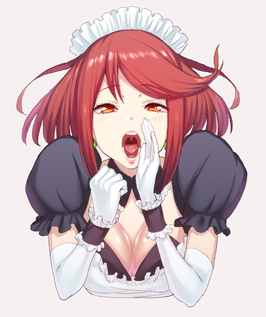 1girl apron blush breasts dress earrings fingerless_gloves gloves green322 headpiece highres pyra_(xenoblade) jewelry looking_at_viewer maid maid_headdress medium_breasts nintendo open_mouth red_eyes redhead short_hair simple_background solo tiara tongue upper_body xenoblade_(series) xenoblade_2