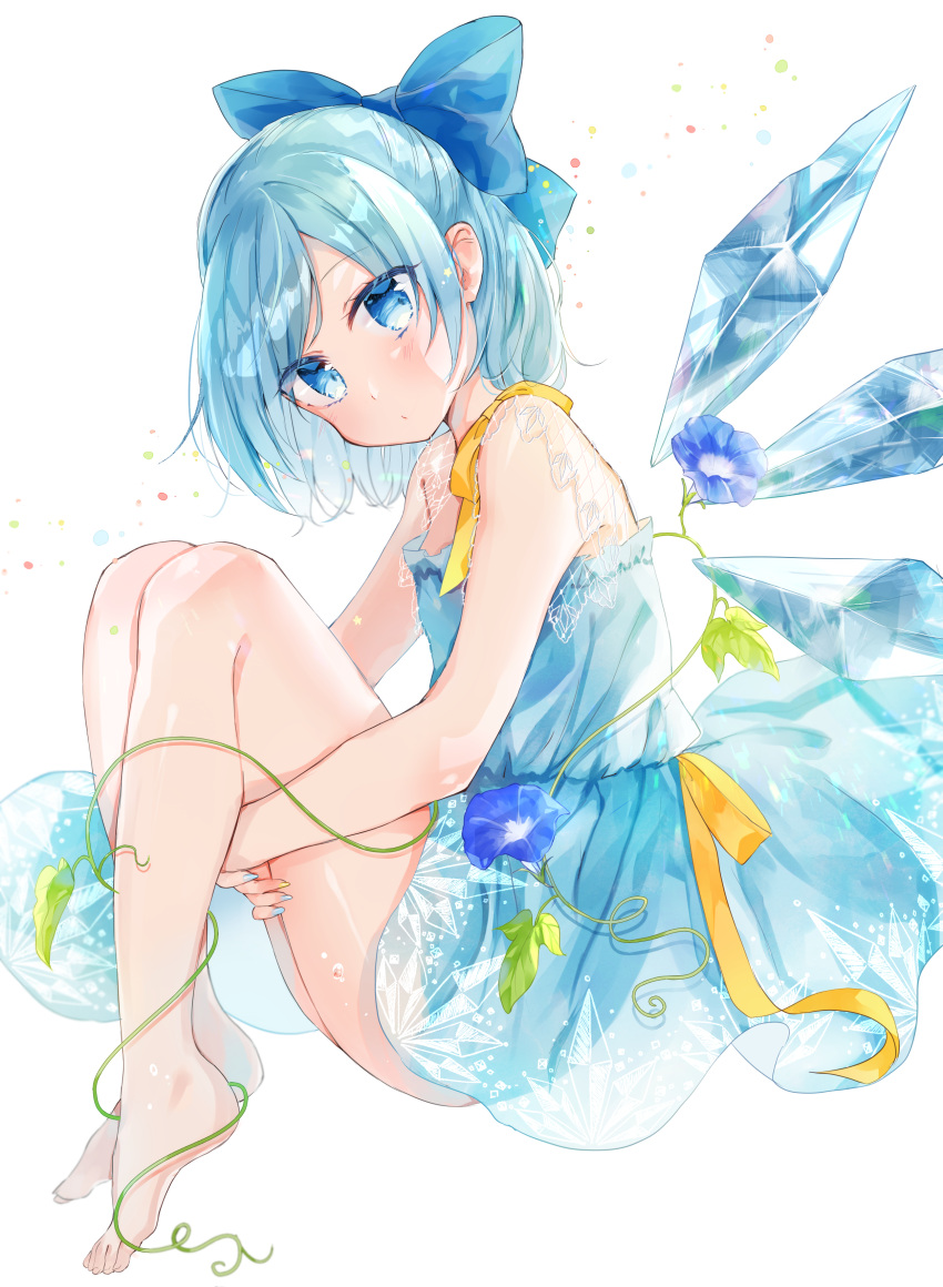 1girl absurdres adapted_costume bare_arms barefoot blue_bow blue_dress blue_eyes blue_hair blue_nails blush bow cirno closed_mouth dress flower from_side full_body hair_bow highres ice ice_wings knees_up lace leg_hug looking_at_viewer moko_(3886397) morning_glory multicolored multicolored_nails nail_polish ribbon see-through short_hair simple_background sitting sleeveless sleeveless_dress solo tanned_cirno touhou white_background wings yellow_nails yellow_ribbon