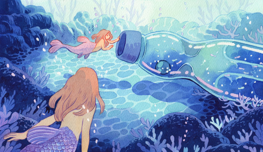 2girls bottle brown_hair bubble fins from_behind heikala highres inktober long_hair mermaid monster_girl multiple_girls nude original oversized_object ramune rock scales submerged swimming traditional_media underwater water watercolor_(medium)