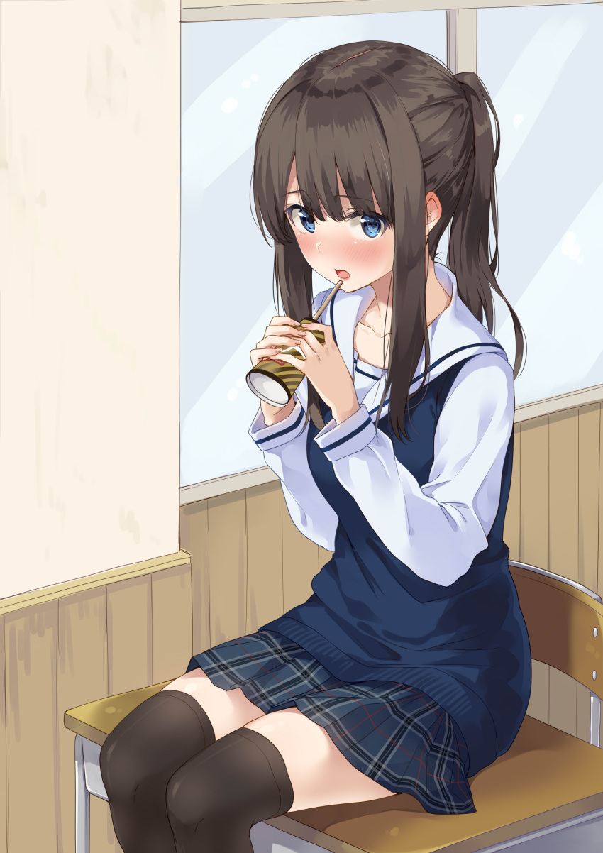 1girl absurdres blue_eyes brown_hair can chair desk drinking_straw highres original ponytail school_desk school_uniform sitting solo thigh-highs unasaka_ryou