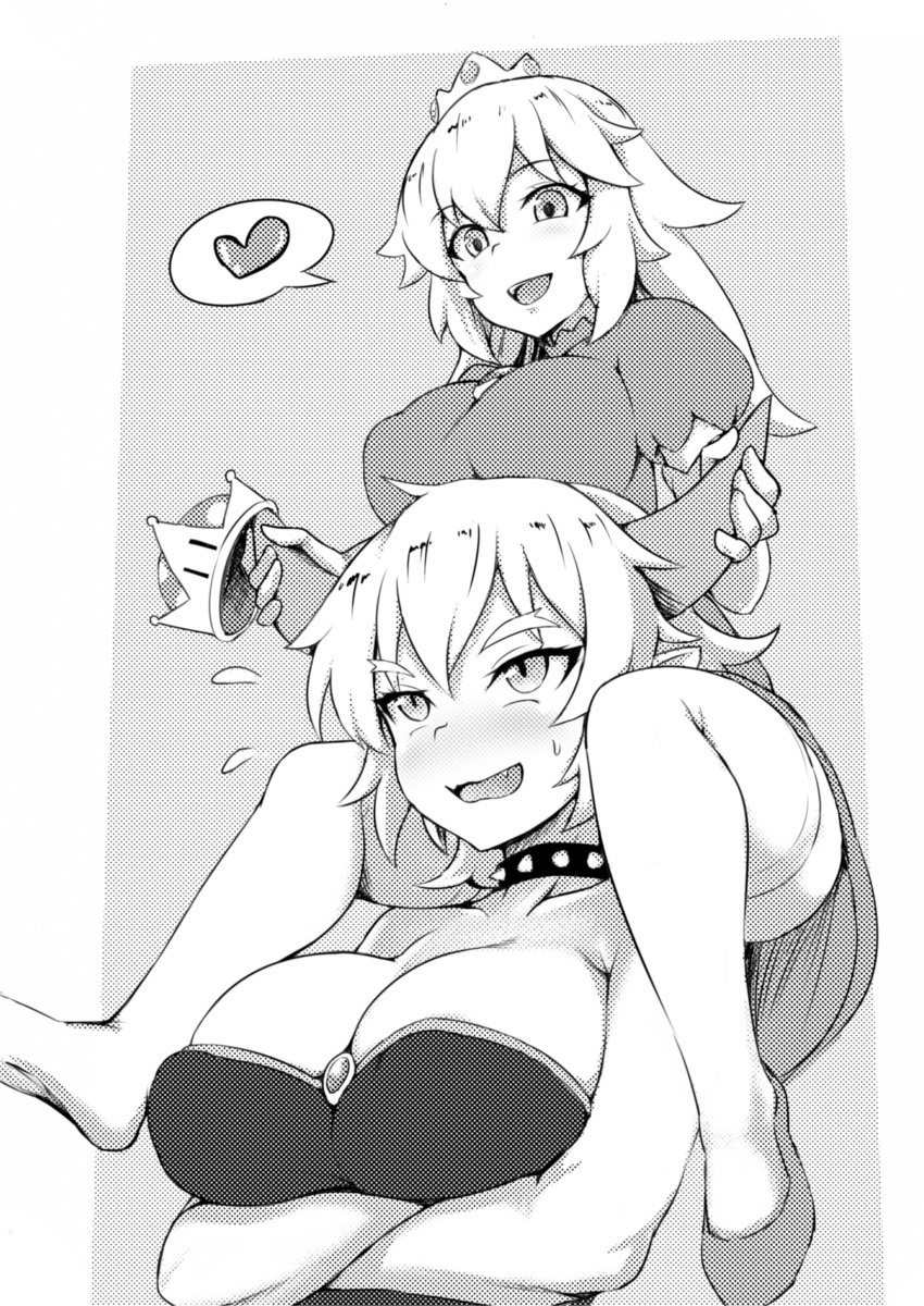 2girls absurdres blush bowsette breast_hold breasts carrying cleavage collar collarbone commentary_request crossed_arms crown dress fang greyscale heart highres horns large_breasts super_mario_bros. monochrome multiple_girls new_super_mario_bros._u_deluxe nintendo princess_peach puffy_short_sleeves puffy_sleeves shanaharuhi short_sleeves sleeveless smile spiked_collar spikes strapless super_crown sweatdrop thought_bubble yuri