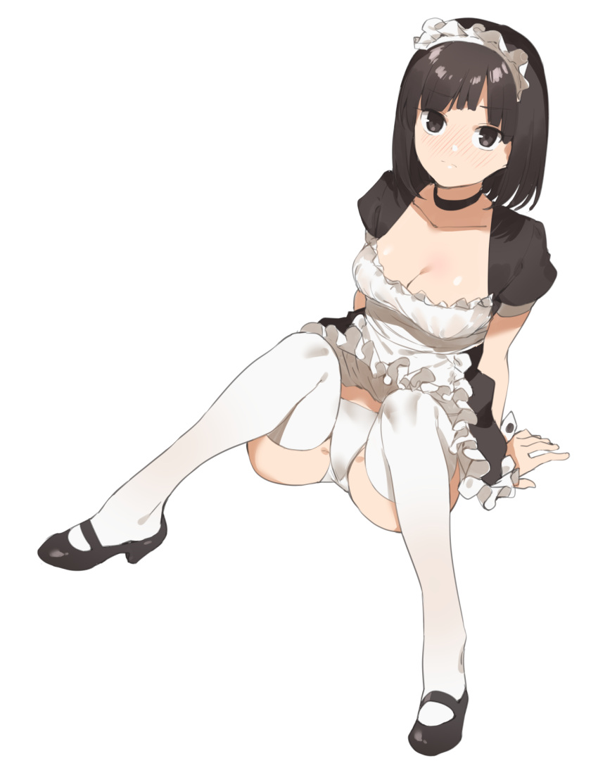 1girl 2l_(2lsize) apron arms_at_sides black_eyes black_hair blush breasts choker cleavage eyebrows_visible_through_hair from_above full-face_blush full_body highres looking_at_viewer maid maid_headdress medium_breasts original panties short_hair simple_background sitting skirt skirt_lift solo thigh-highs underwear white_background white_legwear white_panties wrist_cuffs