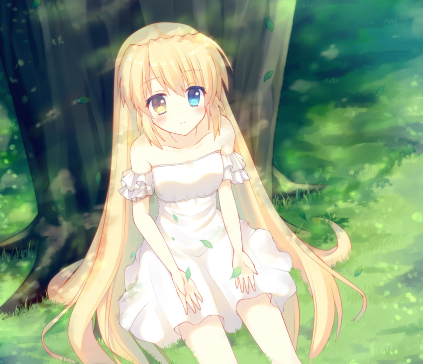 1girl aiyan blonde_hair blue_eyes blush dress grass heterochromia key_(company) leaf long_hair nakatsu_shizuru rewrite smile tree white_dress yellow_eyes