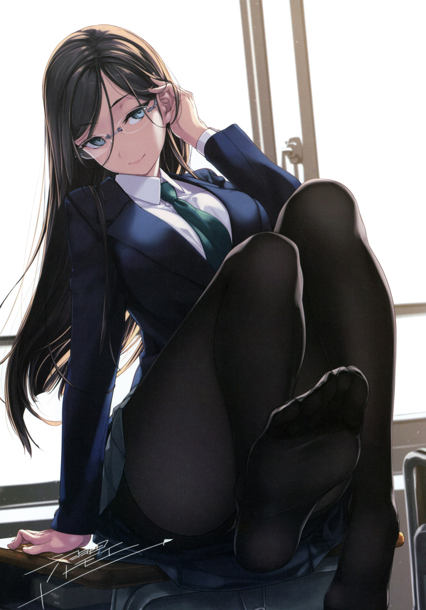 1girl absurdres arm_at_side arm_support backlighting black_hair black_legwear blazer blue_eyes breasts desk dutch_angle eyebrows_visible_through_hair glasses hair_tucking head_tilt highres indoors jacket large_breasts looking_at_viewer necktie original pantyhose rimless_eyewear rokuwata_tomoe scan school_desk school_uniform sitting smile solo