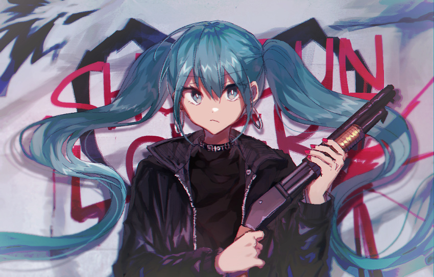 &gt;:( 1girl against_wall alternate_costume black_jacket black_shirt blue_eyes closed_mouth clothes_writing commentary_request danjou_sora earrings eyebrows_visible_through_hair graffiti gun hair_between_eyes hatsune_miku holding holding_gun holding_weapon hoop_earrings jacket jewelry long_hair long_sleeves nail_polish open_clothes open_jacket pink_nails shirt shotgun sidelocks solo twintails unzipped v-shaped_eyebrows very_long_hair vocaloid weapon