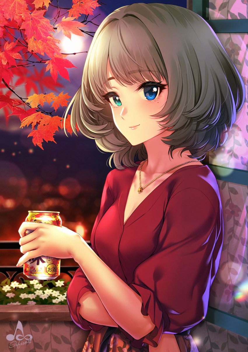 1girl artist_name bangs beer_can blue_eyes blush breasts brown_hair can cleavage closed_mouth collarbone eyebrows_visible_through_hair eyelashes flower full_moon green_eyes heterochromia highres holding holding_can idolmaster idolmaster_cinderella_girls infinote jewelry leaf lips logo looking_at_viewer maple_leaf medium_breasts mole mole_under_eye moon necklace night short_hair signature smile solo takagaki_kaede tree upper_body window