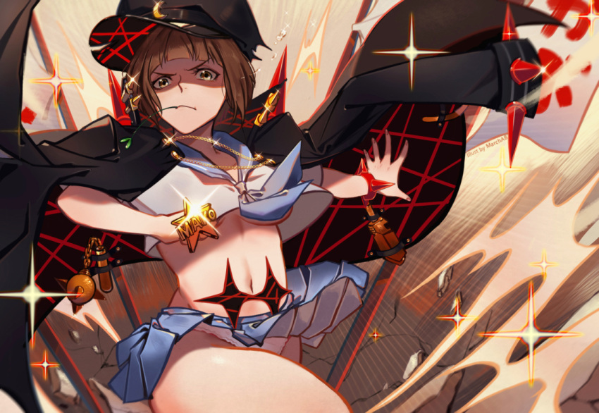 1girl brass_knuckles brown_hair commentary_request crescent crescent_moon crescent_moon_pin crop_top epaulettes frown hat jacket_on_shoulders kill_la_kill mankanshoku_mako marchab_66 midriff moon mouth_hold navel neckerchief outstretched_arm panties pantyshot pantyshot_(standing) peaked_cap pleated_skirt skirt solo sparkle standing star underwear weapon white_panties