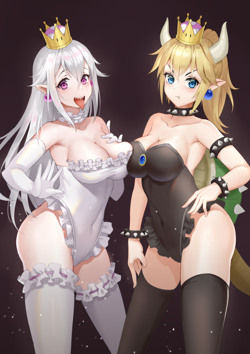 2girls :d :t absurdres adapted_costume armlet armpits asymmetrical_docking bangs bare_shoulders black_leotard blonde_hair blue_eyes blush bowsette bracelet breast_press breasts cleavage closed_mouth collar collarbone commentary_request contrapposto covered_navel cowboy_shot crown earrings elbow_gloves frilled_leotard frills gem gloves hair_between_eyes hand_on_hip hand_on_own_chest hand_on_own_thigh highleg highleg_leotard highres hongye_feixue horns jewelry large_breasts leg_garter leotard long_hair looking_at_viewer luigi's_mansion super_mario_bros. multiple_girls neck_garter new_super_mario_bros._u_deluxe nintendo open_mouth pointy_ears ponytail pout princess_king_boo purple_background sharp_teeth shiny shiny_hair sidelocks smile spiked_armlet spiked_bracelet spiked_collar spiked_shell spikes super_crown tail teeth thigh-highs thighs tongue tongue_out upper_teeth v-shaped_eyebrows very_long_hair white_gloves white_hair white_legwear white_leotard