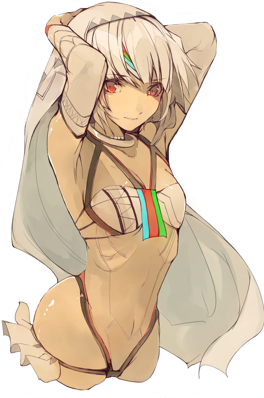 1girl absurdres altera_(fate) armpits bangs blunt_bangs breasts choker cleavage closed_mouth collarbone commentary_request dark_skin detached_sleeves eyebrows_visible_through_hair fate/grand_order fate_(series) full_body_tattoo hair_between_eyes hands_on_own_head headdress highres hips jewelry midriff navel pisuta_(yamashiro) red_eyes revealing_clothes short_hair skirt small_breasts smile solo stomach tan tattoo veil white_hair white_skirt