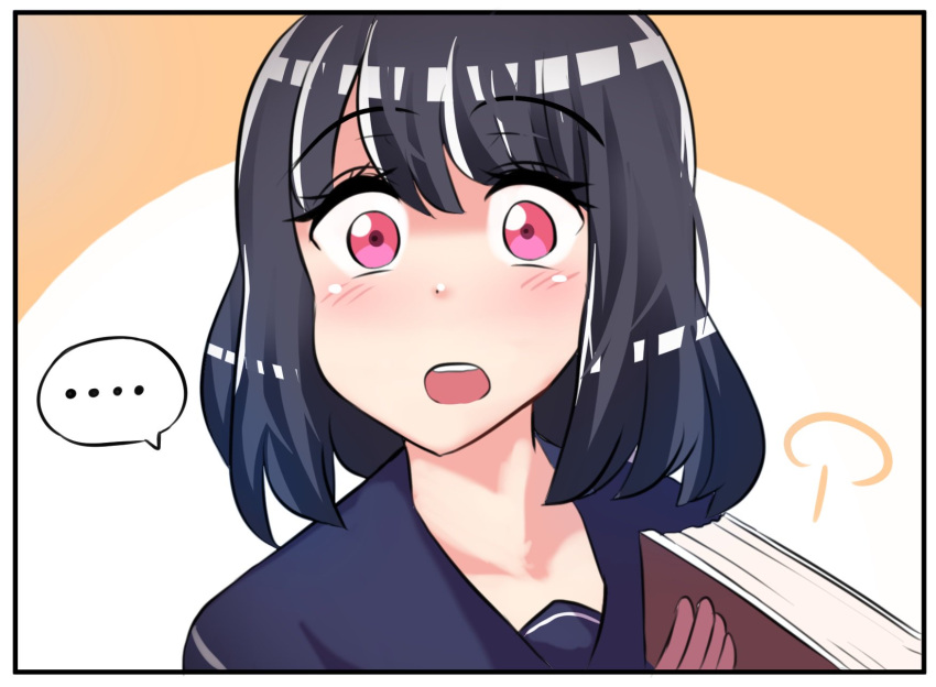 ... 1girl black_hair blush book closing_book comic eyebrows_visible_through_hair highres hinghoi medium_hair open_mouth original red_eyes solo speech_bubble surprised