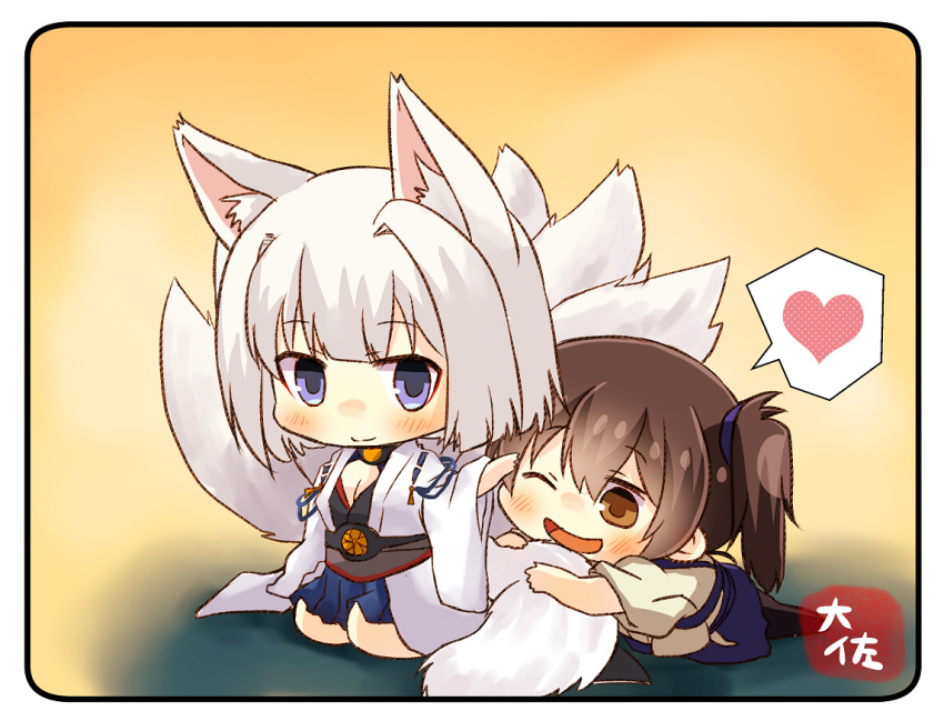 2girls animal_ears artist_name azur_lane black_legwear blue_eyes blue_hakama blush brown_eyes brown_hair fox_ears fox_tail hair_between_eyes hakama hakama_skirt heart japanese_clothes kaga_(azur_lane) kaga_(kantai_collection) kantai_collection multiple_girls one_eye_closed open_mouth short_hair side_ponytail smile spoken_heart tail taisa_(kari) tasuki thigh-highs white_hair