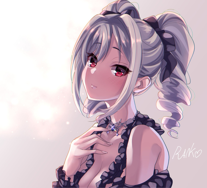 1girl arm_garter backlighting bare_shoulders black_ribbon blush breasts brooch butterfly_necklace character_name cleavage collarbone drill_hair eyebrows_visible_through_hair fingernails frills gem hair_ribbon heart highres idolmaster idolmaster_cinderella_girls jewelry kanzaki_ranko light_particles long_fingernails long_hair looking_at_viewer medium_breasts necklace red_eyes ribbon silver_hair smile solo sparkle tdnd-96 twin_drills twintails upper_body wrist_cuffs