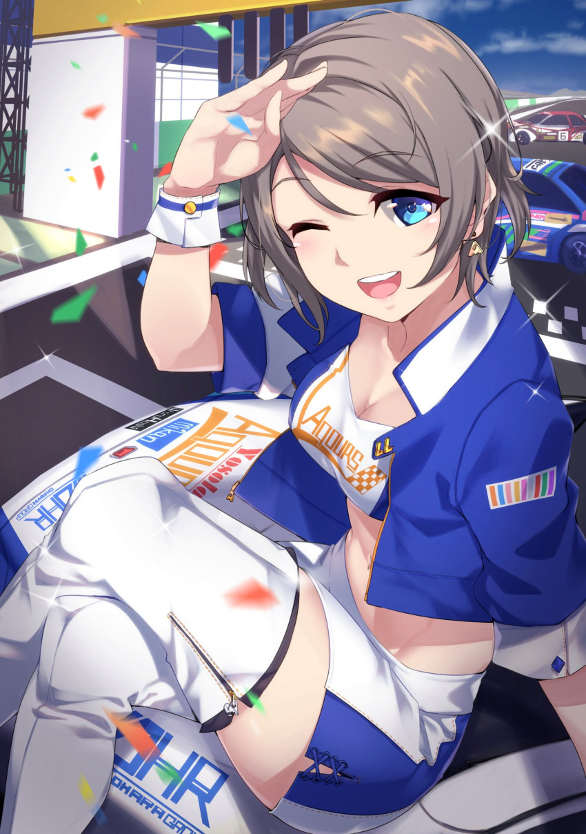 1girl ;d blue_eyes boots breasts cleavage clothes_writing commentary_request confetti crop_top earrings eyebrows_visible_through_hair grey_hair group_name highres jacket jewelry looking_at_viewer love_live! love_live!_sunshine!! medium_breasts miniskirt one_eye_closed open_mouth racecar racequeen round_teeth salute short_hair short_sleeves side_slit sitting skirt smile solo sparkle teeth thigh-highs thigh_boots upper_teeth watanabe_you white_footwear wrist_cuffs yamaori_(yamaorimon)