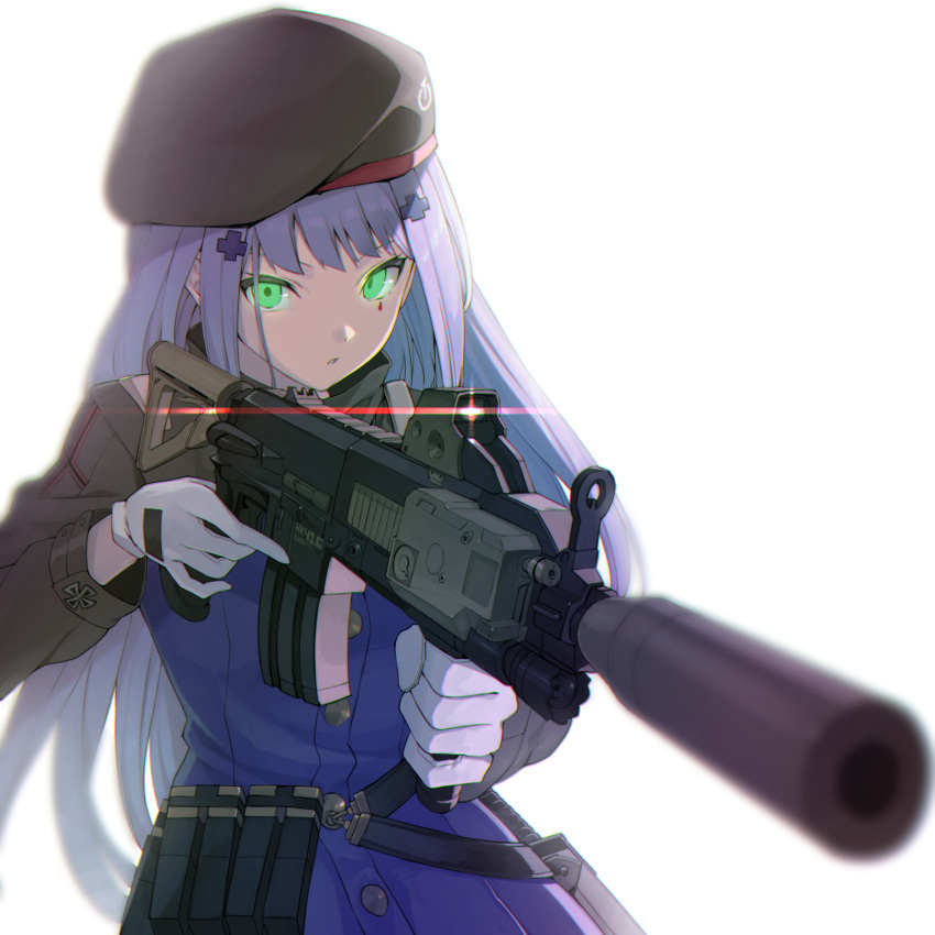 1girl absurdres assault_rifle beret blue_jacket blurry blurry_background blurry_foreground brown_hat commentary_request depth_of_field facial_mark ginopi girls_frontline gloves glowing glowing_eyes green_eyes gun hair_ornament hat heckler_&amp;_koch highres hk416 hk416_(girls_frontline) holding holding_gun holding_weapon jacket long_hair object_namesake parted_lips rifle silver_hair simple_background solo suppressor trigger_discipline very_long_hair weapon white_background white_gloves