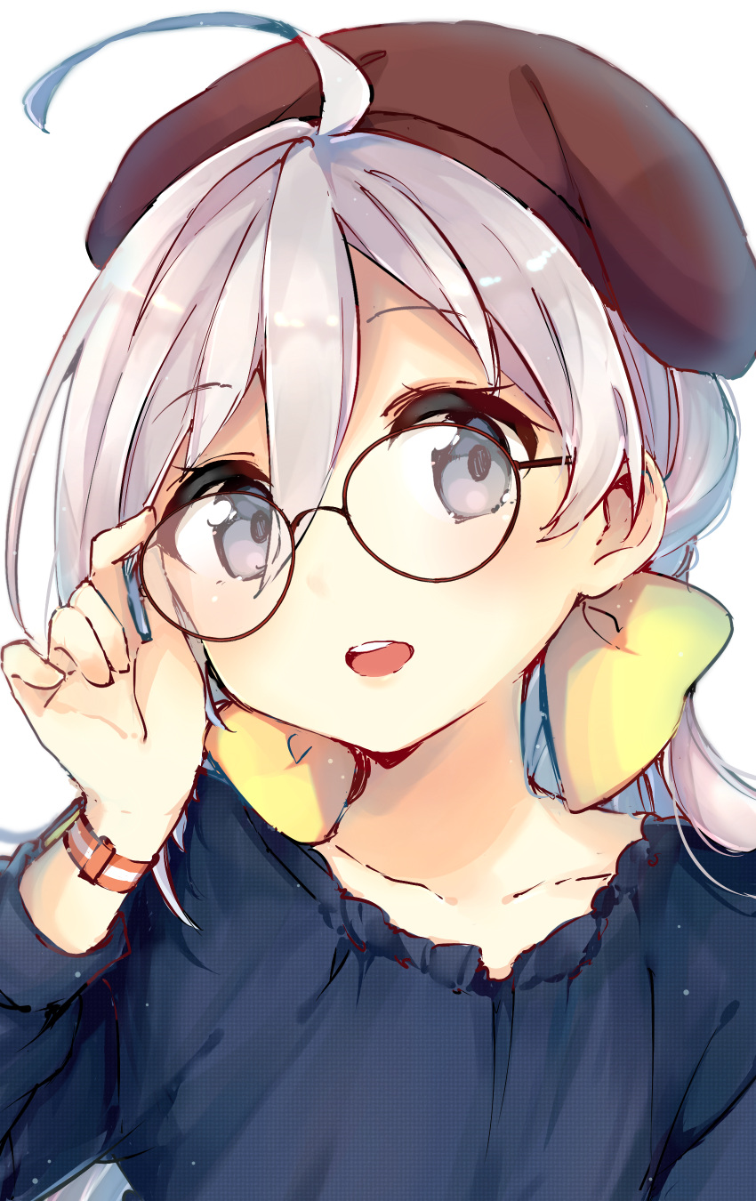 1girl absurdres alternate_costume beret blue_eyes blush bow brown_hat eyebrows_visible_through_hair furuderi_mayono grey_hair hair_between_eyes hair_bow hat highres kantai_collection kiyoshimo_(kantai_collection) long_sleeves looking_at_viewer open_mouth simple_background solo white_background yellow_bow