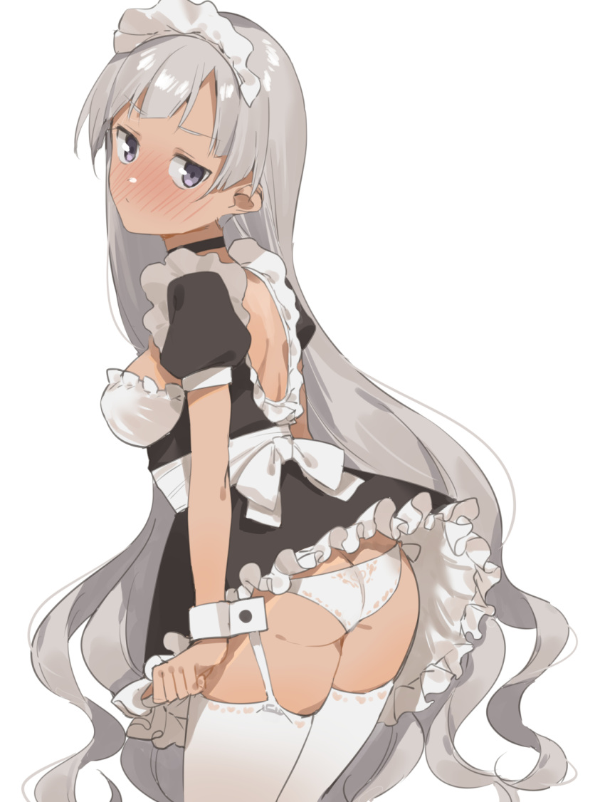 1girl 2l_(2lsize) ass bangs black_dress blush breasts closed_mouth dress frills full-face_blush garter_straps highres jitome long_hair looking_at_viewer looking_back maid original panties short_sleeves silver_hair simple_background small_breasts solo tan thigh-highs thighs underwear very_long_hair violet_eyes wavy_hair white_background white_panties wrist_cuffs