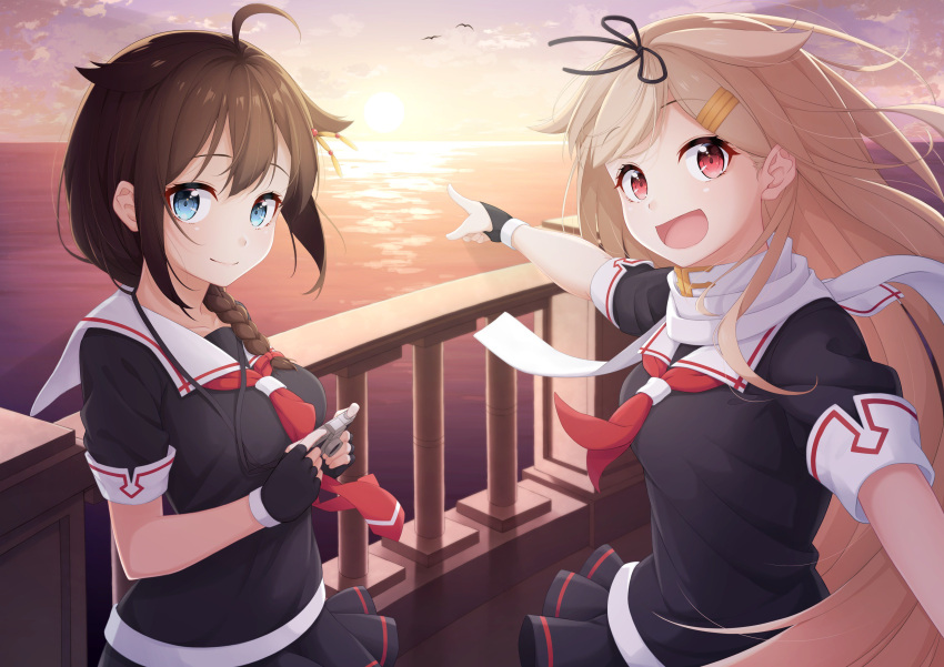 2girls absurdres ahoge bird black_ribbon black_serafuku black_skirt blonde_hair blue_eyes braid brown_hair camera clouds commentary fingerless_gloves gloves hair_flaps hair_ornament hair_over_shoulder hair_ribbon hairclip highres kantai_collection long_hair multiple_girls neckerchief ocean ochiai_miyabi pleated_skirt red_eyes red_neckwear remodel_(kantai_collection) ribbon scarf school_uniform serafuku shigure_(kantai_collection) single_braid skirt straight_hair sunset very_long_hair white_scarf yuudachi_(kantai_collection)