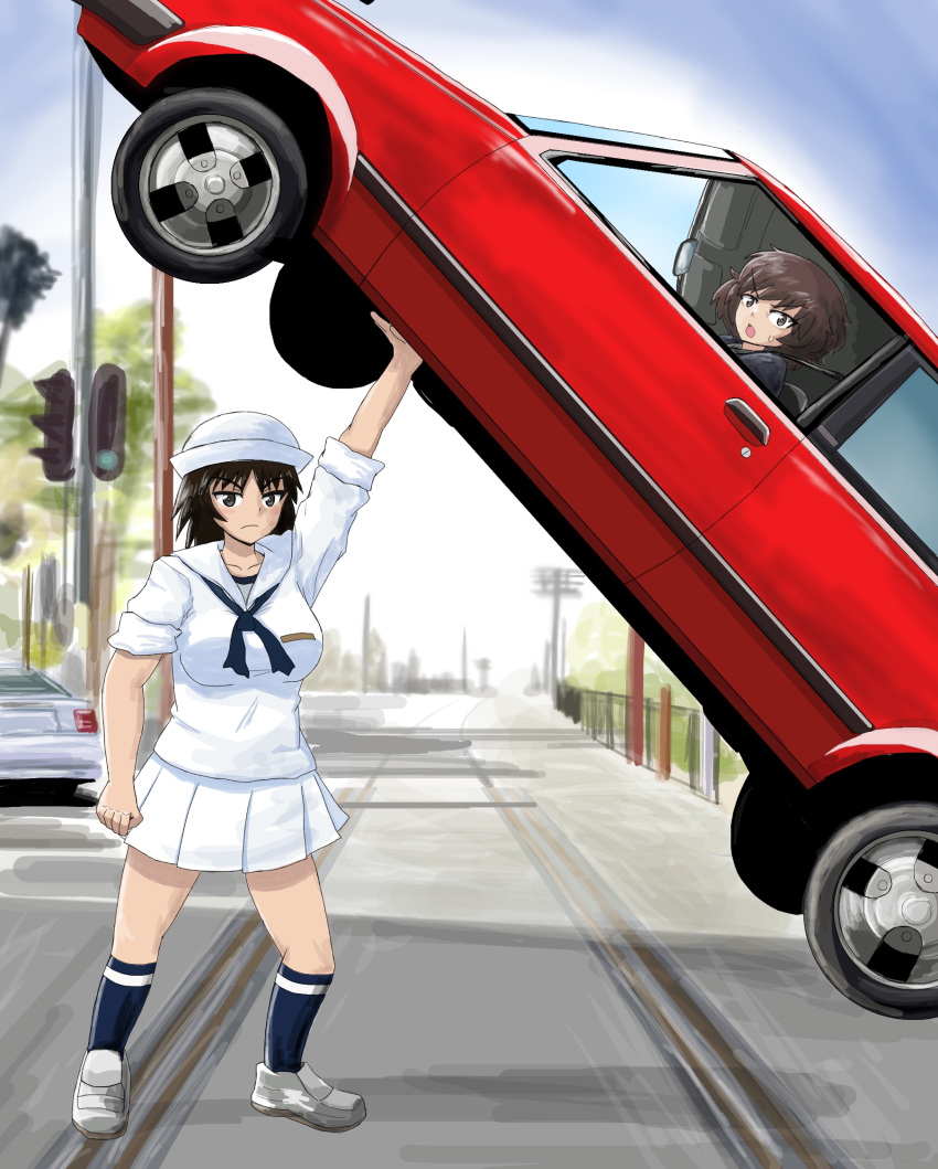 2girls akiyama_yukari bangs black_eyes black_hair black_neckwear blouse blue_sky blurry blurry_background brown_eyes brown_hair car closed_mouth clouds cloudy_sky commentary day depth_of_field dixie_cup_hat frown girls_und_panzer ground_vehicle hat highres holding loafers long_hair long_sleeves looking_at_viewer military_hat miniskirt miraruto_(h3yja) motor_vehicle multiple_girls murakami_(girls_und_panzer) navy_blue_legwear neckerchief ooarai_naval_school_uniform open_mouth outdoors pleated_skirt print_legwear sailor sailor_collar school_uniform shoes single_horizontal_stripe skirt sky sleeves_rolled_up socks standing surprised sweatdrop traffic_light utility_pole v-shaped_eyebrows white_blouse white_footwear white_hat white_skirt