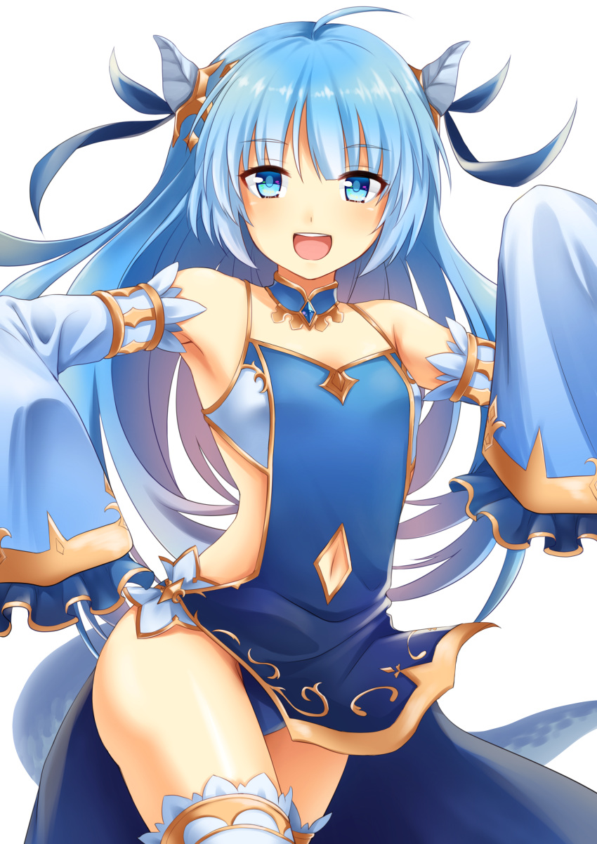 1girl :d absurdres ahoge armpits backless_outfit bangs bare_shoulders blue_dress blue_eyes blue_hair blue_panties blue_ribbon breasts commentary_request cowboy_shot detached_collar detached_sleeves dress eyebrows_visible_through_hair frilled_sleeves frills hair_ribbon hand_up highres horns huge_filesize king's_raid lilia_(king's_raid) long_hair long_sleeves looking_at_viewer navel navel_cutout open_mouth ositi0528 outstretched_arms panties pantyshot pantyshot_(standing) pelvic_curtain ribbon sleeves_past_fingers sleeves_past_wrists small_breasts smile solo spaghetti_strap standing tail teeth thigh-highs thighs transparent_background underwear upper_teeth white_legwear wide_sleeves