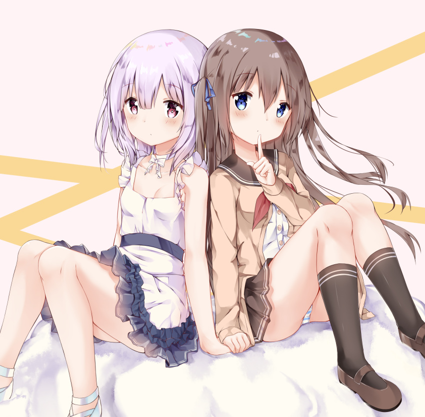 2girls absurdres arm_holding bangs black_legwear blouse blue_eyes blush breasts brown_hair cleavage closed_mouth collarbone dress eyebrows_visible_through_hair finger_to_mouth full_body fuyuki030 hair_ornament highres kneehighs long_hair long_sleeves looking_at_viewer mary_janes multiple_girls open_clothes original panties pantyshot pleated_dress red_eyes ribbon school_uniform shiny shiny_hair shoes shushing simple_background sitting sleeveless striped striped_panties sweater underwear white_blouse white_hair