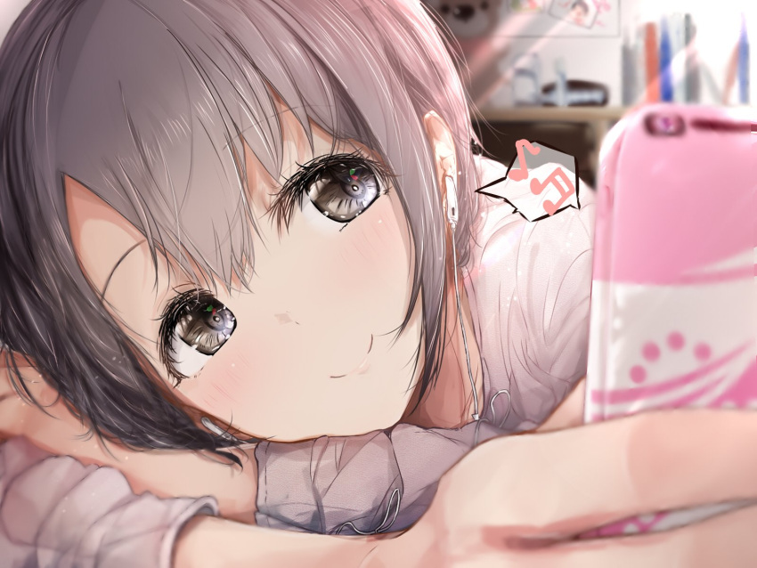 1girl black_eyes cellphone close-up commentary earphones grey_hair highres idolmaster idolmaster_cinderella_girls long_sleeves looking_at_phone otokura_yuuki phone redeye_(artist) short_hair solo