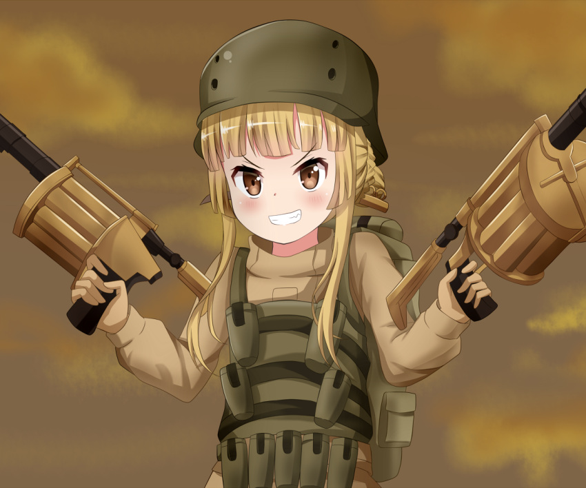 1girl bangs blonde_hair blurry blurry_background blush brown_eyes brown_gloves brown_jacket clouds cloudy_sky commentary_request depth_of_field dual_wielding eyebrows_visible_through_hair fukaziroh_(sao) gloves grin gun helmet holding holding_gun holding_weapon jacket koyuki_(azumaya999) long_hair long_sleeves looking_at_viewer mgl-140 military military_uniform outdoors rightony_&amp;_leftania sidelocks sky smile solo sword_art_online sword_art_online_alternative:_gun_gale_online uniform upper_body v-shaped_eyebrows weapon