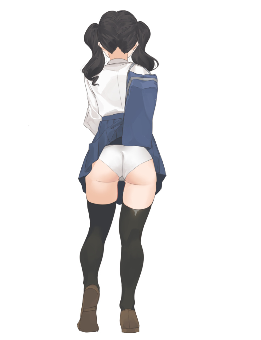 1girl 2l_(2lsize) ass bag black_hair black_legwear blouse blue_skirt from_behind highres loafers long_hair long_sleeves original panties pleated_skirt school_bag school_uniform shoes shoulder_bag simple_background skirt solo standing thigh-highs thighs twintails underwear upskirt wardrobe_malfunction wedgie white_background white_blouse white_panties