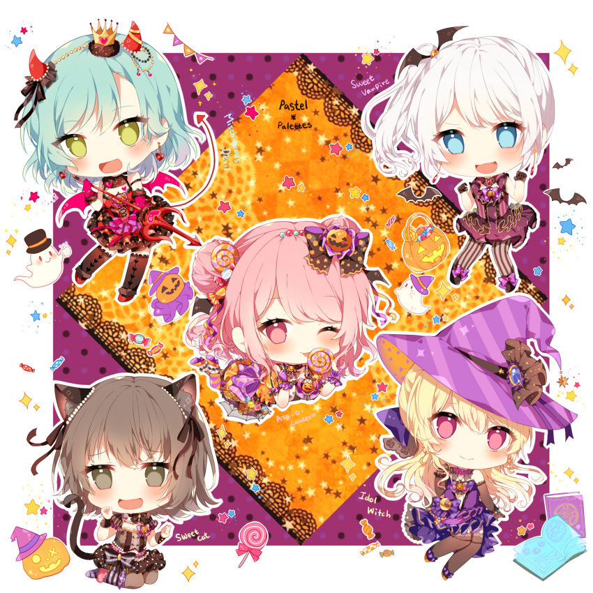 5girls :d alternate_hairstyle animal_ears aqua_hair bang_dream! bangs bat black_gloves black_legwear black_ribbon blonde_hair blue_eyes blush bow brown_eyes brown_hair candy cat_ears cat_hair_ornament cat_tail chibi crown demon_horns demon_tail double_bun dress earrings english feet_up food ghost gloves green_eyes group_name hair_bow hair_ornament hair_ribbon halloween_costume hat head_wings heart heart_earrings highres hikawa_hina holding horns jack-o'-lantern jack-o'-lantern_hair_ornament jewelry lollipop long_hair looking_at_viewer maruyama_aya mini_crown multiple_girls open_mouth outline pantyhose pastel_palettes pink_eyes pink_gloves pink_hair pink_wings pitchfork purple_gloves purple_hat ribbon shirasagi_chisato short_hair side_ponytail sidelocks smile star string_of_flags striped striped_legwear tail taya_5323203 thigh-highs vertical-striped_legwear vertical_stripes violet_eyes wakamiya_eve white_hair white_outline wing_hair_ornament wings witch witch_hat wrist_cuffs yamato_maya