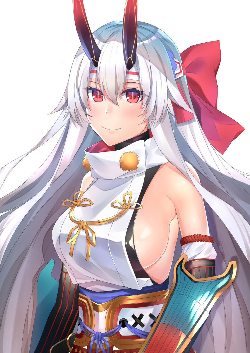 1girl absurdres armor atora blush bow breasts commentary_request detached_sleeves fate/grand_order fate_(series) hair_bow hairband highres japanese_armor kote kusazuri large_breasts long_hair looking_at_viewer oni_horns red_bow red_eyes sideboob silver_hair simple_background slit_pupils smile solo tomoe_gozen_(fate/grand_order) very_long_hair white_background