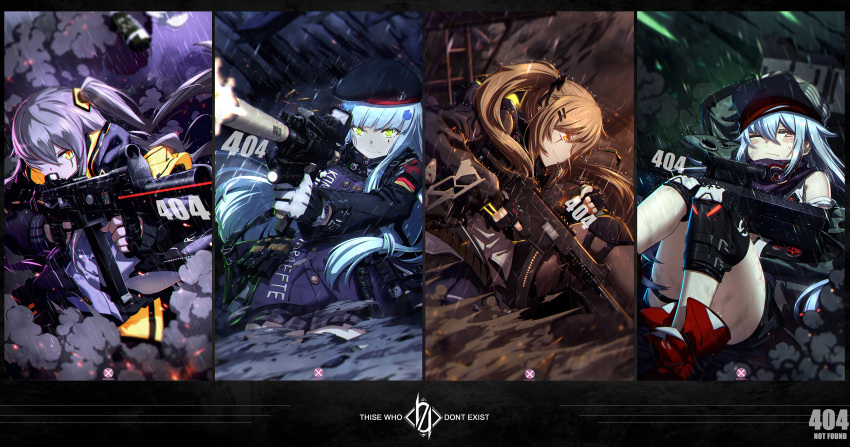 &gt;:) 404_(girls_frontline) 404_logo_(girls_frontline) 4girls absurdres action aiming ammunition_pouch armband artist_logo artist_name assault_rifle bangs beret black_jacket black_legwear blunt_bangs blurry blurry_background blush blush_stickers boots breasts brown_eyes brown_hair bullpup casing_ejection chinese_commentary clenched_teeth closed_mouth clothes_writing commentary_request convenient_leg crossed_bangs dirty eotech explosion eyebrows_visible_through_hair facial_mark fingerless_gloves firing flashbang g11 g11_(girls_frontline) german_flag girls_frontline gloves green_eyes grenade_pin gun h&amp;k_ump h&amp;k_ump45 h&amp;k_ump9 hair_between_eyes hair_ornament hair_over_one_eye hair_ribbon hat heckler_&amp;_koch highres hk416 hk416_(girls_frontline) holding holding_gun holding_weapon hood hood_down hooded_jacket http_status_code jacket knee_pads knees_together_feet_apart laser_sight leg_strap light long_hair looking_at_viewer magazine_(weapon) mahousho medium_breasts mud multiple_girls muzzle_flash one_eye_closed one_side_up open_clothes open_mouth plaid plaid_skirt pouch rain ribbon rifle scar scar_across_eye scarf scarf_on_head scope shell_casing shirt shorts shoulder_cutout side_ponytail sidelocks silver_hair single_legging sitting skirt smoke smoke_grenade submachine_gun suppressor sweatdrop teardrop teeth thigh-highs thigh_strap twintails ump45_(girls_frontline) ump9_(girls_frontline) very_long_hair water weapon wet yellow_eyes