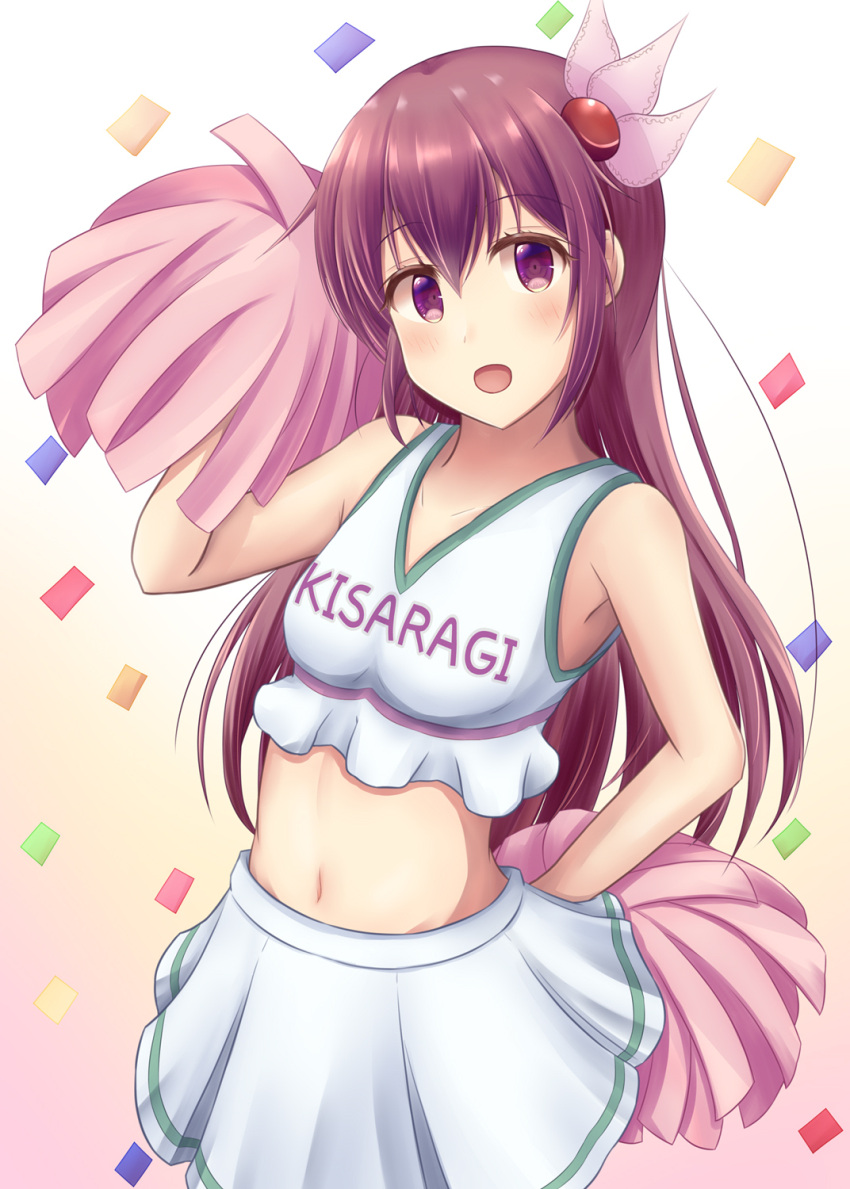 1girl arm_up armpits breasts brown_hair cheerleader clothes_writing confetti crop_top ganbare_ganbare_(itou_life) hair_ornament highres kantai_collection kisaragi_(kantai_collection) long_hair looking_at_viewer meme midriff minakami_mimimi miniskirt open_mouth pink_background pom_poms ribbon skirt sleeveless small_breasts smile solo two-tone_background violet_eyes white_background white_skirt