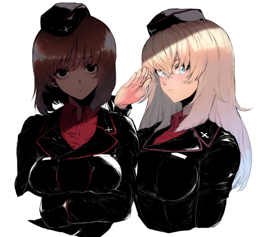2girls bangs black_eyes black_hat black_jacket blue_eyes breast_hold breasts brown_hair closed_mouth commentary_request crossed_arms dark_persona dress_shirt emblem empty_eyes garrison_cap girls_und_panzer hat itsumi_erika jacket kuromorimine_military_uniform light_frown long_hair long_sleeves looking_at_viewer military military_hat military_uniform mityubi multiple_girls nishizumi_miho red_shirt salute shaded_face shirt short_hair side-by-side silver_hair simple_background uniform upper_body white_background wing_collar