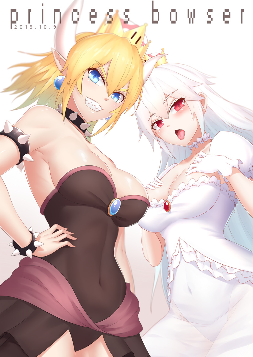 2018 2girls black_leotard blonde_hair blue_earrings blue_eyes bowsette bracelet breasts bu_li character_name cleavage clenched_teeth collar covered_navel crown dated dress earrings gloves gradient gradient_background hand_on_hip highres horns jewelry large_breasts leotard long_hair looking_at_viewer luigi's_mansion super_mario_bros. multiple_girls new_super_mario_bros._u_deluxe nintendo open_mouth pointy_ears ponytail princess_king_boo red_eyes sharp_teeth short_hair smile spiked_armlet spiked_bracelet spiked_collar spikes super_crown teeth tongue tongue_out white_background white_dress white_gloves white_hair